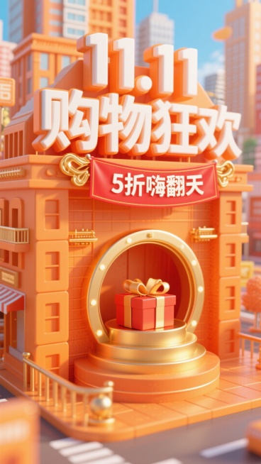 以暖橙色为主色调，前景是立体字组成的醒目建筑， “11.11购物狂欢” 立体大字（白与暖橙渐变，配金色装饰）及下方 “5 折嗨翻天” 红色横幅；中间有金色圆形装置（内有礼物）；背景是繁华都市预览效果