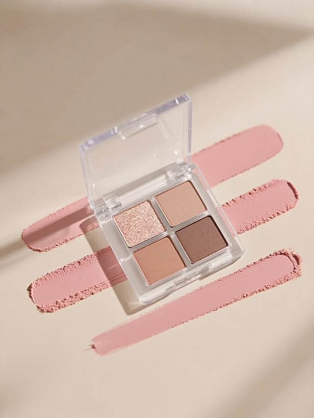 商业静物摄影。柔和裸杏色背景，主体居中，背景有几条不同颜色的巨型粉质颗粒感眼影粉涂抹痕迹，规则排列，高级简约的光影。