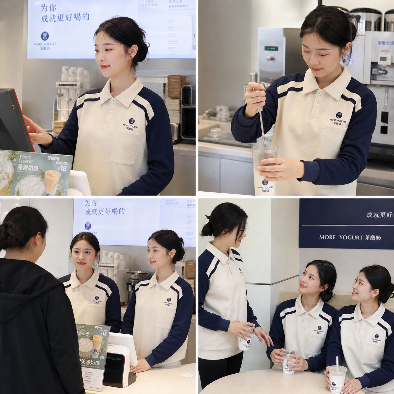 一张包含4张奶茶店服务员买家秀照片的拼图，2张单人照+2张群体… - 图片创意预览