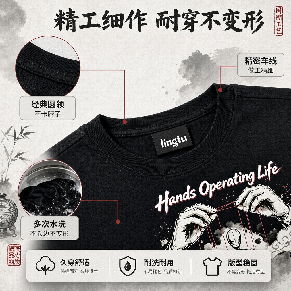 [商品] 使用【图1】黑色国潮水墨提线木偶印花短袖T恤；商品处… - 图片创意预览
