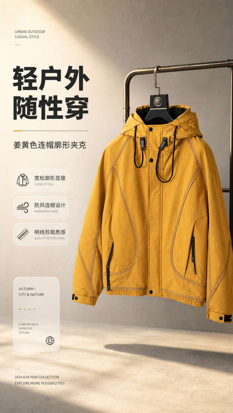 [商品] 使用【图1】姜黄色连帽休闲夹克；商品处理：保留连帽抽… - 图片创意预览