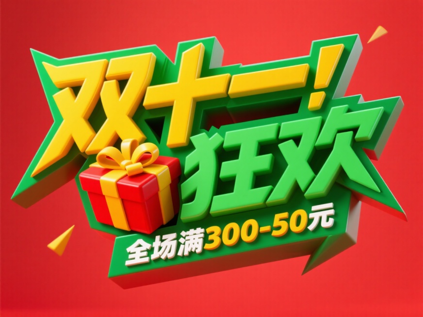 3D尖锐的字体设计，黄色“双十一 狂欢”+绿色“全场满300-50元”，红色礼盒装饰文字，双层字效结构。红色背景。预览效果