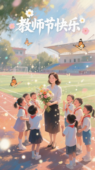 广角中景，一个年轻女老师，被一群可爱的学生围绕着送鲜花，大家表情开心喜悦，学校操场场景，蝴蝶飞舞，顶部花字“教师节快乐”，温馨积极氛围。预览效果