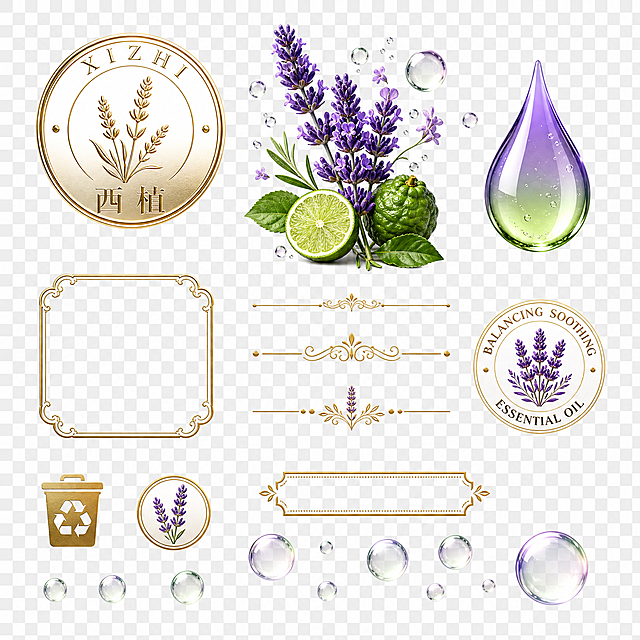 透明背景PNG素材集合图，控油舒缓精油包装盒（紫绿渐变款）全部设计素材提取，在透明背景上整齐排列展示所有素材元素，包括：1.西植品牌金色薰衣草徽章圆形logo、2.薰衣草+香柠檬果主图（紫色薰衣草花+青柠+绿叶+气泡）、3.紫绿渐变精油滴珠独立图、4.金色装饰边框、5.装饰分隔线花纹、6.BALANCING SOOTHING ESSENTIAL OIL圆形徽章（带薰衣草图案）、7.回收垃圾桶图标、8.小型薰衣草徽章图标、9.产品说明标题装饰、10.漂浮气泡元素，所有素材高清精致，保留原始质感和细节，整齐排列在透明画布上，间距均匀，方便取用，4K超清