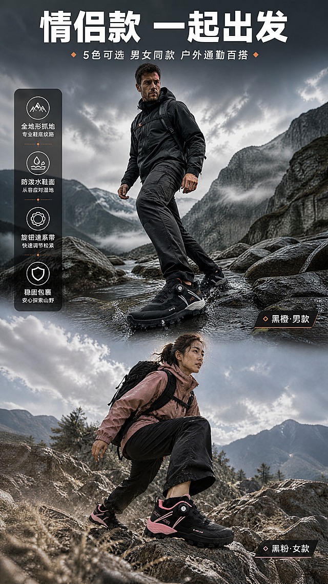 [商品] 使用【图11】黑橙男款户外鞋涉水模特图、【图9】黑粉女款户外鞋登山模特图；商品处理：保留鞋型、旋扣、配色、Logo、鞋底纹路和材质；增强鞋子上脚真实感、面料纹理和橡胶底质感，不改变结构和比例。
[画面] 目标：情侣款多场景户外展示，突出男女同款、多色可选。构图：上下分屏，上半部分男款山野涉水场景，下半部分女款山石攀登场景，中间用渐变过渡。主体占比：人物+鞋子占画面70%。景别：中景至近景，人物小腿到全身，鞋子为视觉重点。前中后景：前景岩石水流、中景模特、后景山峦云雾。场景：山野溪流+岩石山路双户外场景。
[视觉] 套系策略：风格=户外机能风高级商业摄影；标题字=粗黑体硬朗无衬线；正文字=简洁无衬线体；主色=深炭灰+岩石灰；背景延展=基于深炭灰做深浅层级、山石纹理质感和冷调渐变；强调色=活力橙，仅用于小面积图标、引线和重点标签；标题色=纯白；正文色=浅灰白；组件=深色半透明信息卡、细线引线、机能风图标；光影=户外自然光+雾气丁达尔效应，氛围感强。
[文字] 画面顶部居中主标题「情侣款 一起出发」，副标题「5色可选 男女同款 户外通勤百搭」。上下两屏右下角各放颜色标签：上屏「黑橙·男款」，下屏「黑粉·女款」。文字横向排版，不遮挡人物和鞋子主体。
[规格] 图片比例9:16竖版，4K，medium。避免变形、错字、文字过小、鞋子结构改变、颜色失真、纯白背景、极限词。