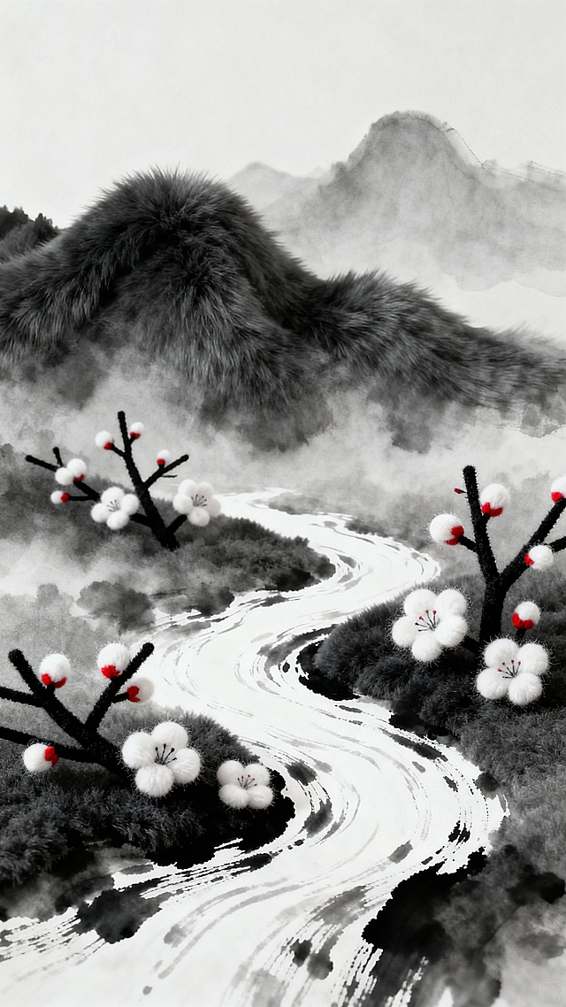 水墨风毛绒意境，背景是黑白渐变的毛绒，像水墨画的晕染效果，远山是深灰色长毛绒，轮廓模糊，近景是黑色短绒树枝，树枝上有白色毛绒梅花，河流是白色毛绒，流动感强，像墨汁中的留白，天空是淡灰色毛绒，整体氛围空灵写意，低饱和度，以黑白为主，局部有红色毛绒点缀梅花，毛绒质感柔和，融入水墨的晕染效果
