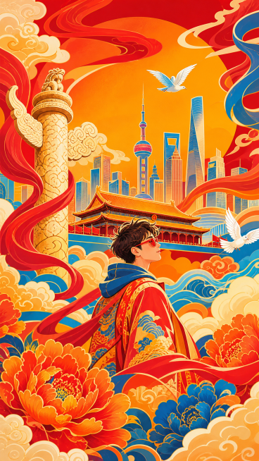 国庆节主题竖版海报，国潮扁平插画风格，鲜艳撞色设计，画面包含祥云、飘带、城市剪影元素，风格年轻潮流，视觉冲击力强预览效果