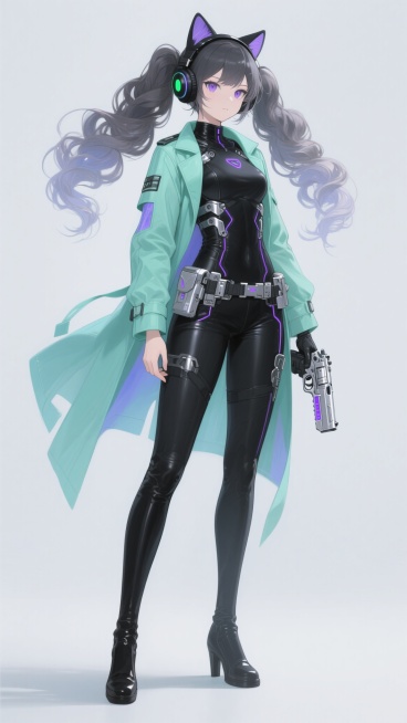 二次元动漫风格插画，整体采用清新的薄荷绿与浅紫色为主色调，搭配柔和的淡蓝色点缀，营造宁静而略带科技感的氛围。画面中央是一位猫耳少女，她有着蓬松的及腰双马尾卷发，发尾微微内扣，发丝柔顺有光泽。少女站立姿态，身体微微侧向左侧，右手自然下垂，左手轻扶腰间的机械装置，双腿并拢，脚尖微微踮起，展现出优雅而警觉的神情。她穿着黑色紧身作战服，外披一件长款薄荷绿风衣，风衣下摆随风飘动，露出黑色过膝长靴。作战服……预览效果