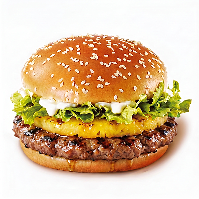 将汉堡底层的板烧肉替换为厚实多汁的煎烤牛肉片，保留上层的芝麻面包、生菜和整块凤梨，牛肉纹理清晰，油润多汁，整体饱满诱人，提升食欲感，保持真实美食摄影风格