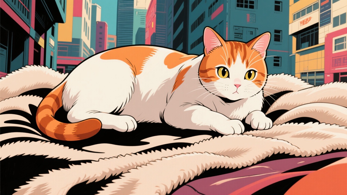 一只橘白相间的猫，趴在柔软的毯子上，眼睛明亮，阳光洒在身上，温暖的氛围，Citypop插画风格，色彩鲜艳，带有复古感和都市时尚元素预览效果