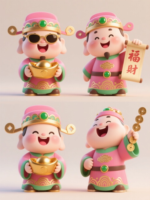 4个3D卡通财神形象，上下两行对齐排列，浅色背景。财神身着粉色与绿色为主的传统官服，点缀金色祥云花纹和圆形扣饰，头戴粉色官帽配绿色宝石。财神面容圆润，表情各异：一个戴墨镜咧嘴笑，双手捧金元宝；一个睁眼微笑，单手举写有“福”字的卷轴；一个眯眼憨笑，怀抱聚宝盆；一个仰头大笑，手持铜钱串。整体风格Q版可爱，材质呈现光滑塑料感，光影柔和，色彩明快，具有浓厚的节日喜庆氛围。预览效果