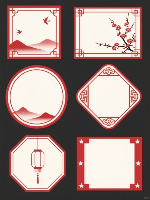 中国传统红色边框元素集，包含六个规整排布的不同形状边框，每个边框均为红色细线勾勒，内部为留白区域。上部从左到右：方形边框内置远山与飞鸟图案，右侧边框装饰梅花枝；中部从左到右：圆形边框底部有远山设计，菱形边框四角饰有传统回纹与祥云图案；下部从左到右：矩形边框左侧悬挂灯笼，八边形边框两侧有五角星装饰。整体设计风格统一，具有浓厚的中国传统文化韵味，元素排布对称且有序，适合作为中式设计的装饰框架使用。预览效果