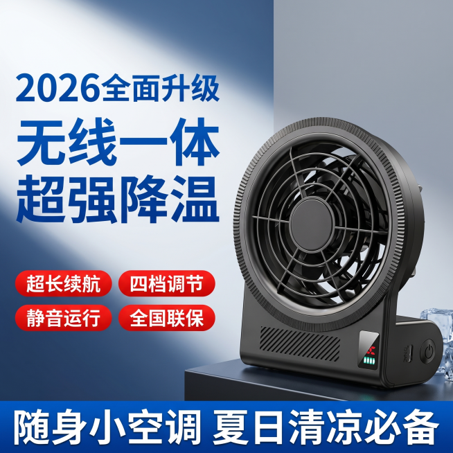 [主图-5] 售后与产品核心卖点总结主图。氛围风格：稳重有保障感，促销风。画质：商业摄影清晰质感。主体放置一台黑色一体风扇在画面右下方，保持产品外观与参考图一致，占画面约50%。背景从蓝色渐变到浅灰过预览效果