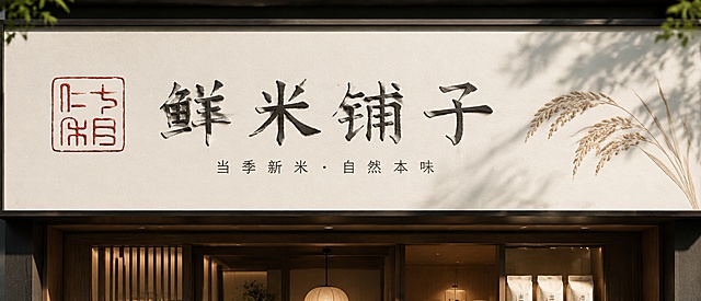 设计适合一二线城市高知人群社区的鲜米铺子店铺招牌，严格遵循大乐之野自然简约、文艺质朴的调性，强标签化设计，视觉表达清晰有力量，左上角保留古风红色篆体"古稻"品牌LOGO，高端简约适合加盟连锁品牌，高清设计图