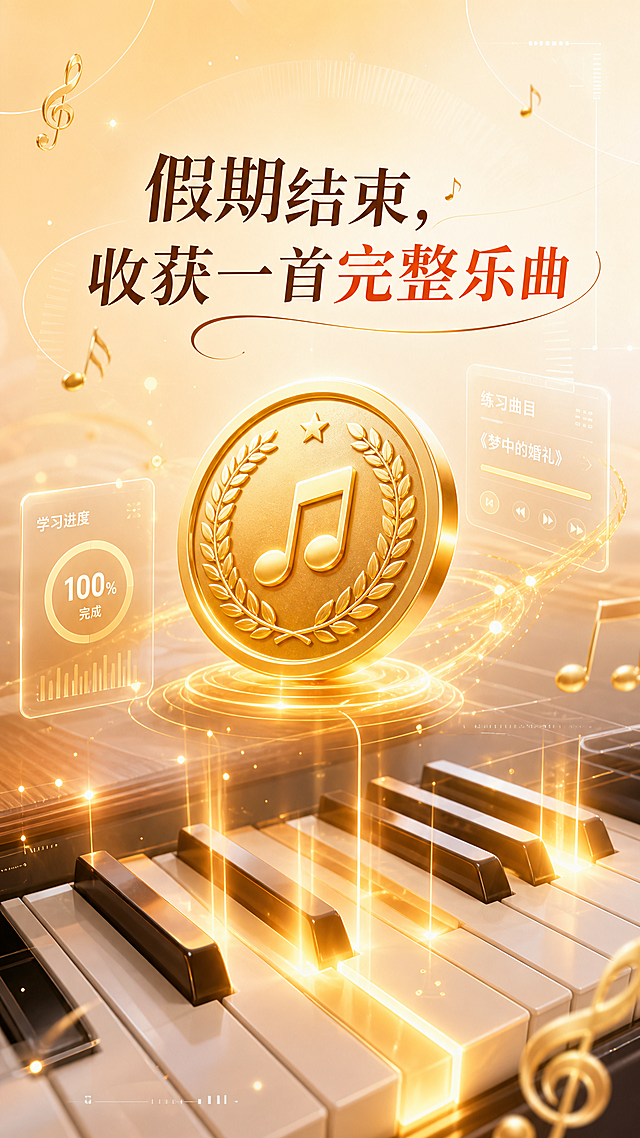 9:16竖版，中国国内信息流广告图，现代简约风，暖色系浅橙+米白+浅黄夏日渐变主色调，无人物，高级感，轻科技感，高清细节，中国移动端广告风格，整体主题为"学生暑假学钢琴"，画面统一包含钢琴键盘、漂浮音符、柔和光效、科技UI元素，内容为金色完成徽章搭配发光钢琴琴键，金色粒子光斑环绕，配文案"假期结束，收获一首完整乐曲"