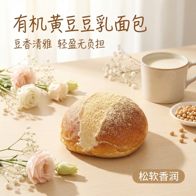 [主图1 首图场景展示] 主图主题：醇香黄豆面包氛围感首图，氛围风格：早餐早午餐下午茶轻松时光，清新自然原生感，食欲感满满，画面元素：黄豆面包居中放置在浅米色木质餐桌，面包造型保留原图特征，周边点缀少预览效果