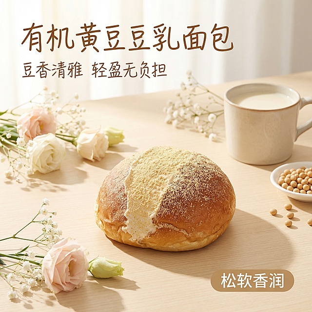 [主图1 首图场景展示] 主图主题：醇香黄豆面包氛围感首图，氛围风格：早餐早午餐下午茶轻松时光，清新自然原生感，食欲感满满，画面元素：黄豆面包居中放置在浅米色木质餐桌，面包造型保留原图特征，周边点缀少量轻松新鲜鲜花，自然暖阳逆光，温暖柔和光影，背景干净，保留产品主体完整。配色色系：主色调暖米棕，辅助色浅原木色，鲜花淡粉点缀，视角构图：平视俯视，主体占比约60%，景深适中。文字版式：主标题“有机黄豆豆乳面包”，字体手写暖棕色，大小醒目左上角；副标题“豆香清雅 轻盈无负担”， smaller手写体；右下角浅棕色胶囊标签“松软香润”，布局平衡自然。