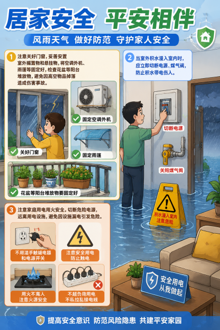生成画面内容，体现出“ 居家安全 1、注意关好门窗，妥善安置室外搁置物和悬挂物，将空调外机、雨篷等固定好，检查花盆等阳台堆放物，避免因高空物品掉落造成伤害事故。 2、当室外积水漫入室内时，应立即切断电预览效果