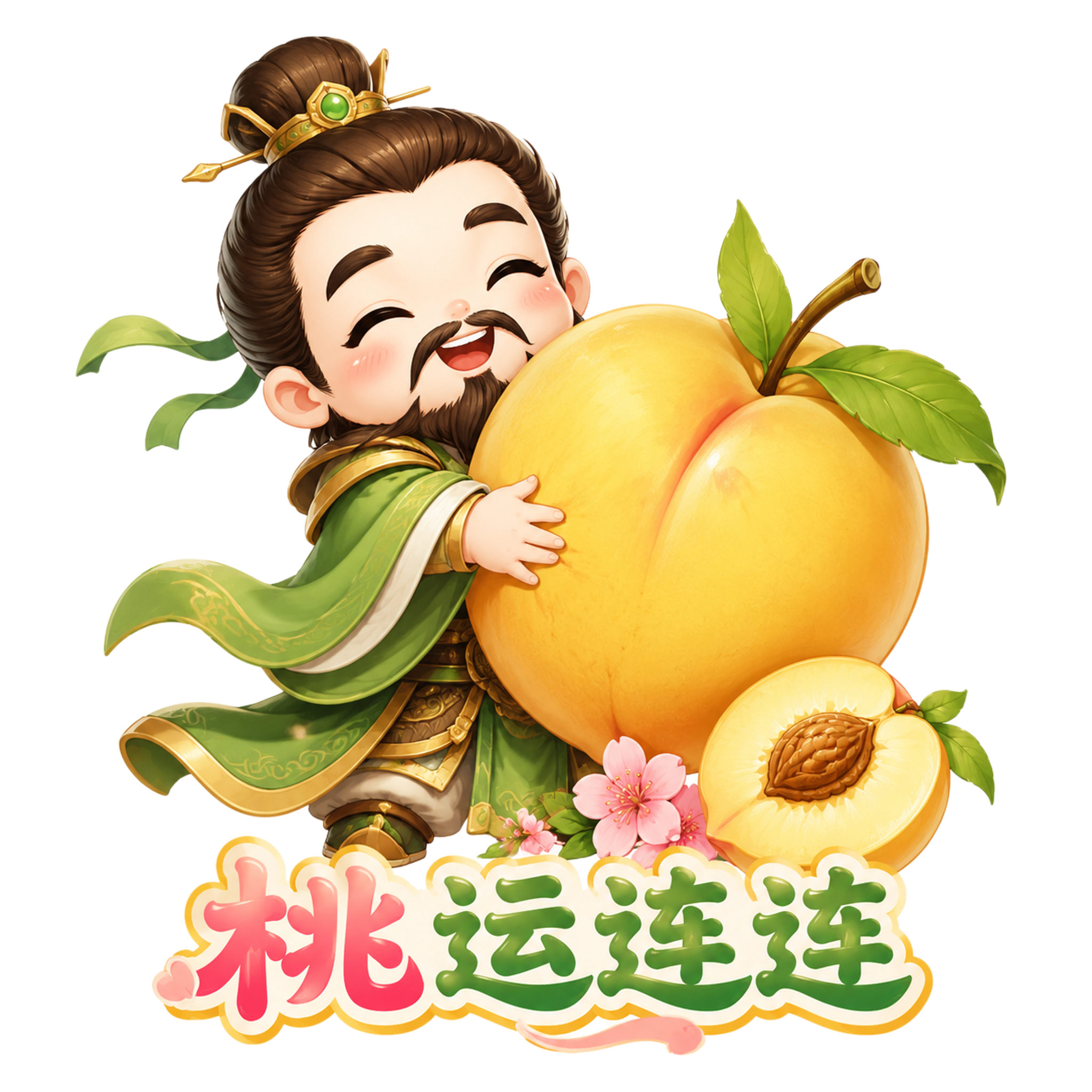创意可爱Q版插画，刘备形象与黄金桃搭配，刘备做出抱着黄金桃的可… - 图片创意预览
