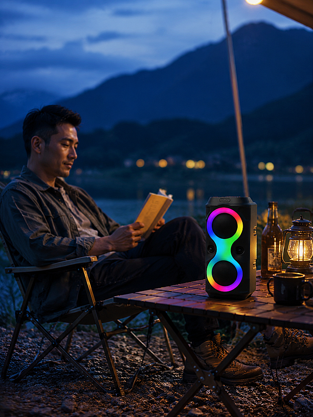将图中的黑色蓝牙音箱放在露营桌上，音箱播放音乐时灯光亮起，在户外蓝调时刻傍晚的氛围中，左边露营凳上坐着一位43岁左右的男人，惬意的听着音乐看着书，背景由近到远虚化过渡，整体氛围静谧惬意，高清真实摄影