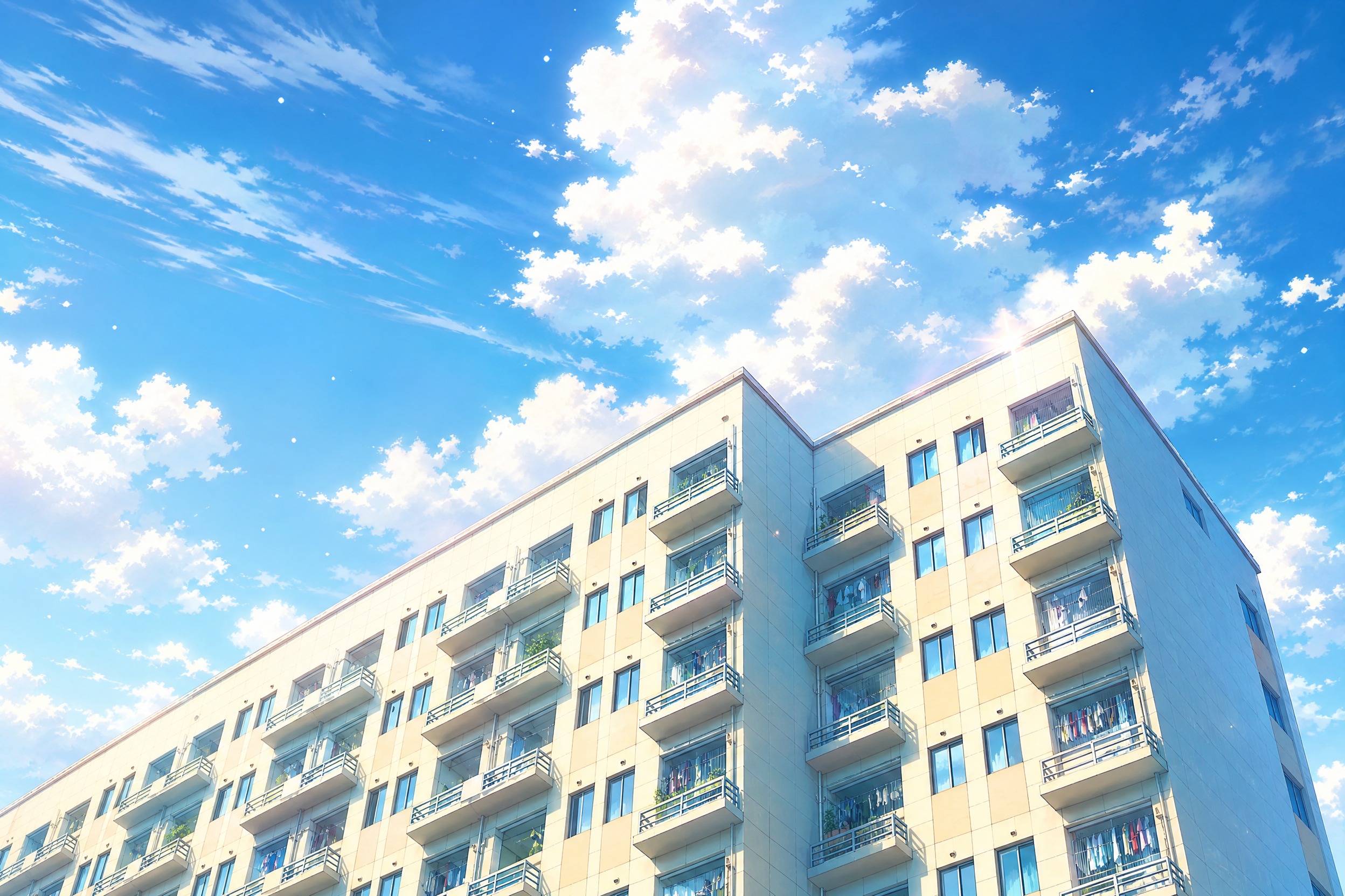 将这张建筑照片转换为日系动漫风格，保留建筑的结构和阳台细节，天… - 图片创意预览