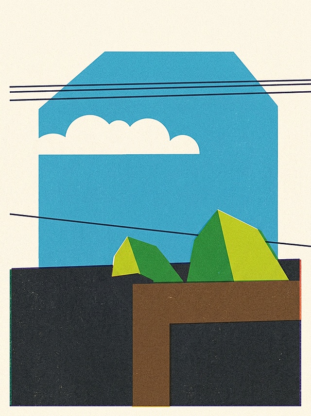 将这张屋顶绿叶风景图转换为现代极简几何扁平风，融合包豪斯主义的理性线条与risograph印刷质感，图形高度概括、无多余细节，强调色彩与形状的构成关系，带有复古印刷的颗粒肌理
