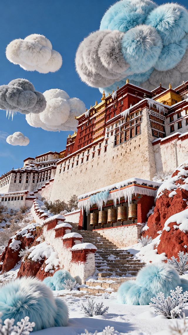 仰拍，冬日的布达拉宫紧贴红山岩壁，白宫墙体的夯土纹理清晰，覆着厚雪的檐角垂着冰锥，红宫金顶在暖阳下熠熠生辉。窗棂雕花精致，底层转经筒覆着薄雪，身旁石阶印着雪痕，天蓝如洗，建筑细节与冬日雪色紧密相融，圣洁感扑面而来。