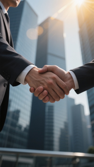 超写实主义风格，两位身着深色西装的商业人士在城市背景下紧紧握手，手部特写占据画面中心，皮肤纹理清晰可见，西装袖口露出白色衬衫细节，背景为虚化的现代都市建筑轮廓，顶部有温暖的金色阳光洒下形成光晕效果，整体色调以深蓝灰色调为主，光影对比强烈，营造出专业、信任与合作的商业氛围，握手姿态自然有力，展现出坚定的合作意向，画面细节丰富，质感真实，具有强烈的视觉冲击力和情感共鸣。预览效果