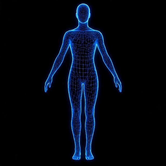 未来感3D线框人体，科技蓝光交织，光影流动展现虚拟现实中的粒子风与体积感。