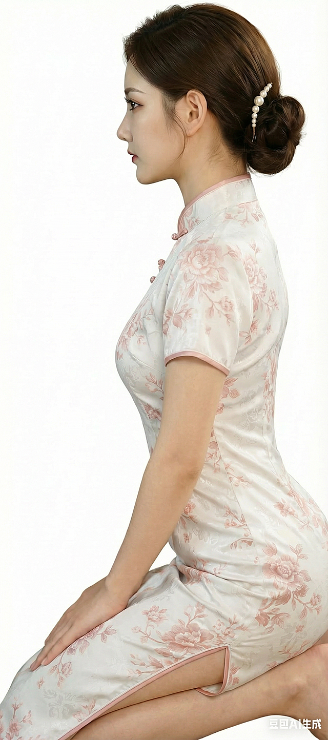 改成月白旗袍和浅粉色印花