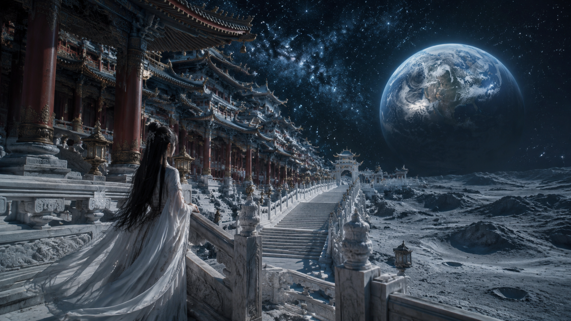 月面天宫秘境，月球表面的东方仙宫，史诗级中式仙侠美学场景，极繁主义细节，极致低角度空间压迫感，兼具恢弘仙气与孤寂氛围感，低角度纵深构图，以白玉天阶与月面古殿为引导线，强化从近景女子到远景地球的多层级空预览效果