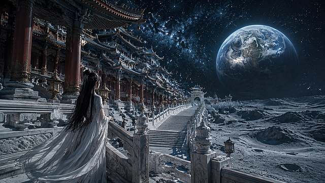 月面天宫秘境，月球表面的东方仙宫，史诗级中式仙侠美学场景，极繁主义细节，极致低角度空间压迫感，兼具恢弘仙气与孤寂氛围感，低角度纵深构图，以白玉天阶与月面古殿为引导线，强化从近景女子到远景地球的多层级空间延伸感，打造天宫望月面的史诗透视效果，画面近景的白玉天阶上，身着素白古装的女子凭栏而立，长发垂落，衣袂轻扬，目光望向天阶尽头，地面为月面质感，充满宇宙氛围，画面左侧的巨型红柱古殿沿月面延伸，飞檐翘角，雕工繁复，层层叠叠的建筑鳞次栉比，尽显天宫盛景，白玉栏杆与台阶纹理细腻，极具空间引导感，深邃的宇宙天际，巨型蓝地球悬于月面之上，轮廓清晰可见，星光点点，通过天阶的引导、建筑的延伸、光影的明暗对比，极致放大场景的宇宙级恢弘感与空灵氛围，古殿的飞檐斗拱、雕花梁枋、红柱质感，白玉天阶的纹理与雕刻，栏杆的细节，建筑层叠结构，细节可放大赏析，月面的粗糙质感、地球的光影与轮廓、星空的深邃质感、古装女子的衣袂褶皱与发丝动态，微观层次饱满，近实远虚、冷调为主，近景天阶与人物在柔光下细节清晰，中景古殿泛着清冷柔光，远景地球与夜空泛着幽冷光晕，通过明暗对比与虚实渐变强化仙侠感，整体光影层次丰富，氛围感拉满，建筑的木质与石材质感、白玉天阶的温润光泽、月面的粗糙质感、衣料的轻盈飘逸感，8K超写实渲染，极致细节质感，中式仙侠美学，宇宙史诗，极繁主义构图，秩序井然的元素堆叠，通过低角度空间压迫感与光影打造极致静谧恢弘感，UE5渲染，8K超清，电影级调色，景深效果，HDR，禁止西方建筑元素、现代科技、畸形结构、模糊纹理、杂乱色彩、过曝/死黑区域，禁止人物出现畸形肢体，禁止破坏空间纵深感的平面化构图