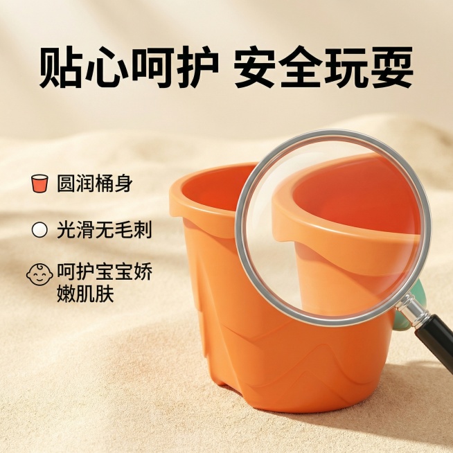 [主图 2 核心卖点展示] 儿童挖沙桶，欢乐活泼风格，展示产品圆润光滑无毛刺的卖点。主体挖沙桶放置在浅色温馨户外场景，将桶身边缘位置做放大镜放大特写，清晰展示光滑无毛刺细节。浅米色背景，柔和自然光，整预览效果