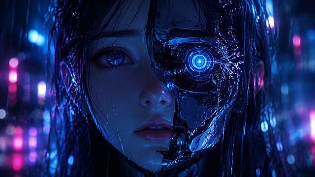 杰作，最高画质，AI少女在雨中第一次睁开眼睛的特写镜头，雨水打在她刚刚激活的机械义眼上溅起微小水花，义眼中流动着环形的数据光晕，半张脸是仿生皮肤，半张脸露出透明面罩下的机械结构，表情从无到有浮现出一丝困惑，像在问“我是谁”，背景是模糊的赛博朋克城市霓虹光斑，雨夜，冷蓝色调为主，品红色点缀，二次元动画电影质感，情绪化光影，8K。负面提示词：笑容，可爱，明亮，白天，温暖，低质量