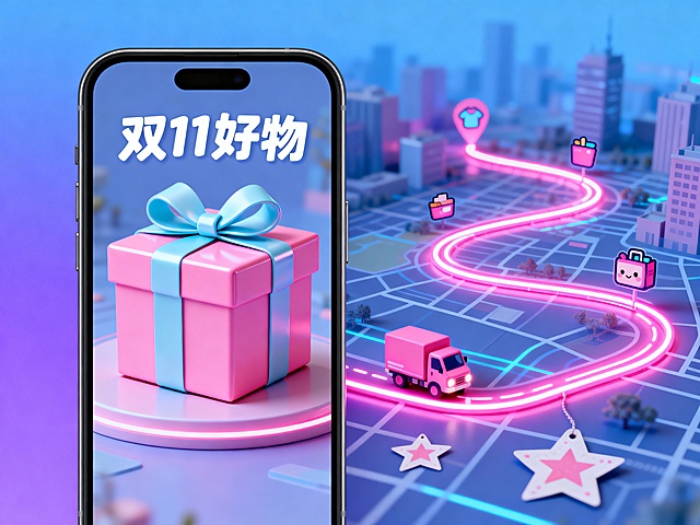 2.5D微缩艺术风，霓虹灯色彩搭配软3D质感，手机屏内梦幻礼物盒呼应城市配送路径，融合未来科技与可爱促销元素，营造双11甜蜜趣味购物氛围。