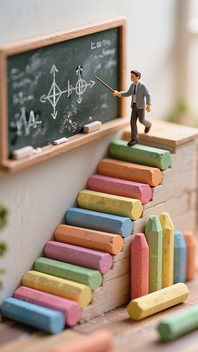 微缩摄影风格。画面主体是几根巨大的、色彩鲜艳的粉笔，它们搭建成一个通向高处的阶梯。一位穿着得体的微型教师，正拿着教鞭，行走在巨大的粉笔上，站在巨大的黑板前面，黑板上写着物理图形。采用浅景深，背景模糊，突出教师和粉笔的互动。光线柔和，带有粉尘感，聚焦于教师专注的身影和粉笔的质感。构图精巧，主体清晰，寓意教师铺就知识之路。