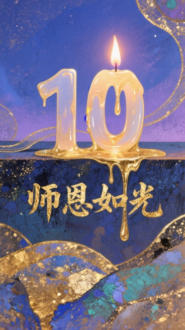 融化的蜡烛的烛油，慢慢汇聚成数字 “10”，背景是深邃而温柔的蓝紫色夜空，蓝色与紫色相互交融，过渡自然，在蜡烛下方，展开着烫金质感的艺术字体 “师恩如光”。字体的笔画粗壮有力，预览效果