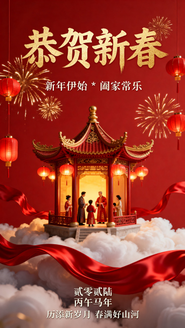 竖版国风新春祝福海报，采用国风3D场景渲染，纵向中心对称构图。正红色纯色背景，点缀金色烟花、垂坠红灯笼、红绸飘带元素。画面底部是红绸质感的流动祥云，带飞檐雕花的中式六角古亭立于祥云之上，古亭为实木红金预览效果