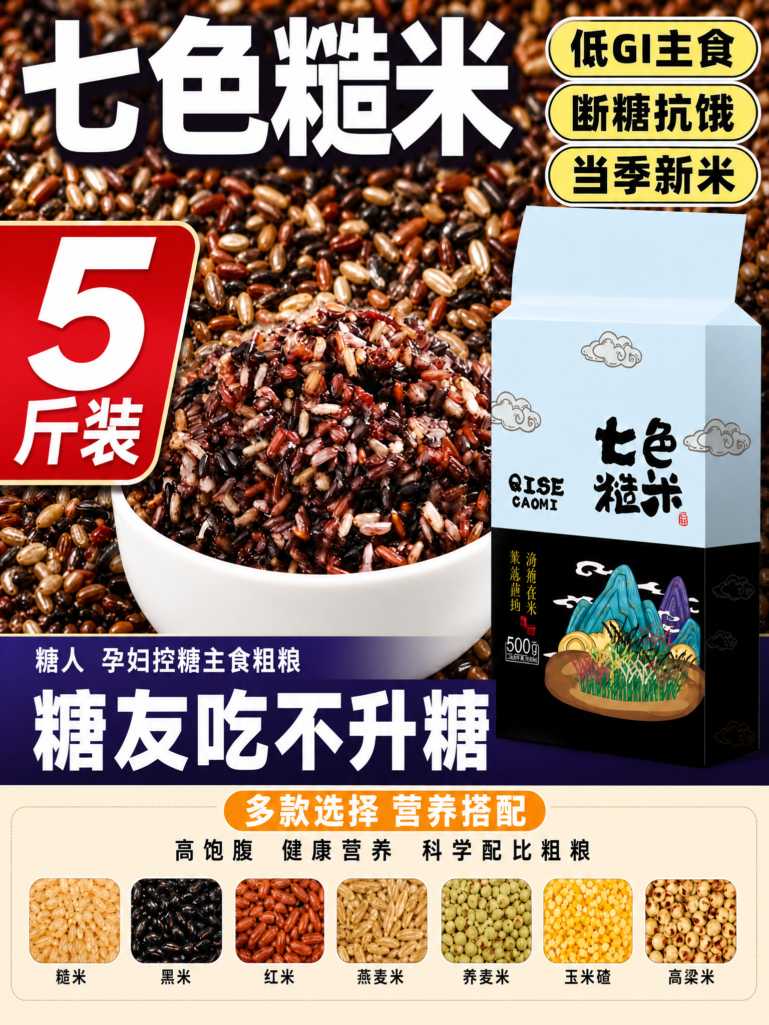 复刻这张七色糙米特写图，内容完全保持不变。画面为满满一碗七色糙… - 图片创意预览