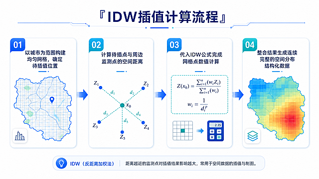 换一种风格生成图片，以下时图片包含内容：以城市为范围构建均匀网格确定待插值位置 ，计算待插点与周边监测点的空间距离  ，代入IDW公式完成网格点数值计算，  整合结果生成连续完整的空间分布结构化数 j据