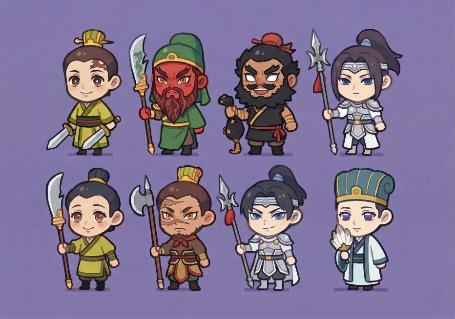 完全保留图2中三国武将的发型、服饰、武器、身体和背景，仅将人物的脸部替换为图1中的鬼灭Q版脸部风格，萌系大眼睛特征保持不变，整体融合协调自然预览效果