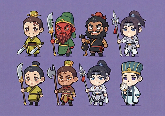 完全保留图2中三国武将的发型、服饰、武器、身体和背景，仅将人物的脸部替换为图1中的鬼灭Q版脸部风格，萌系大眼睛特征保持不变，整体融合协调自然