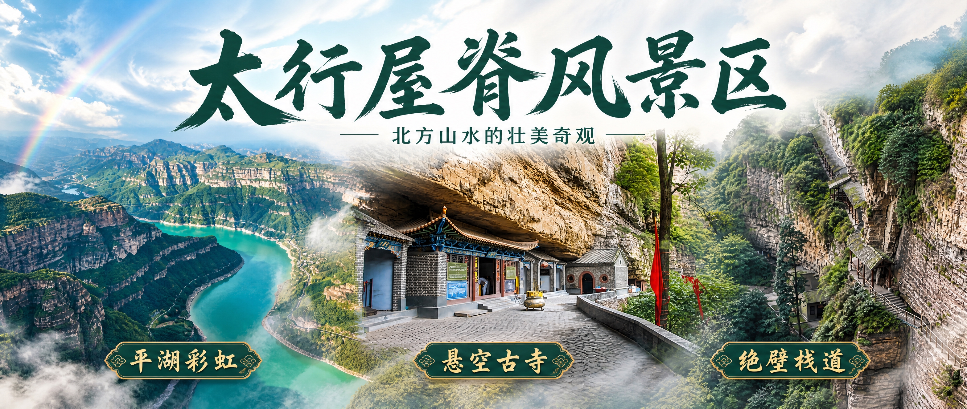 公众号开篇横版海报，以太行屋脊风景区三大核心景观为视觉主体：左… - 图片创意预览