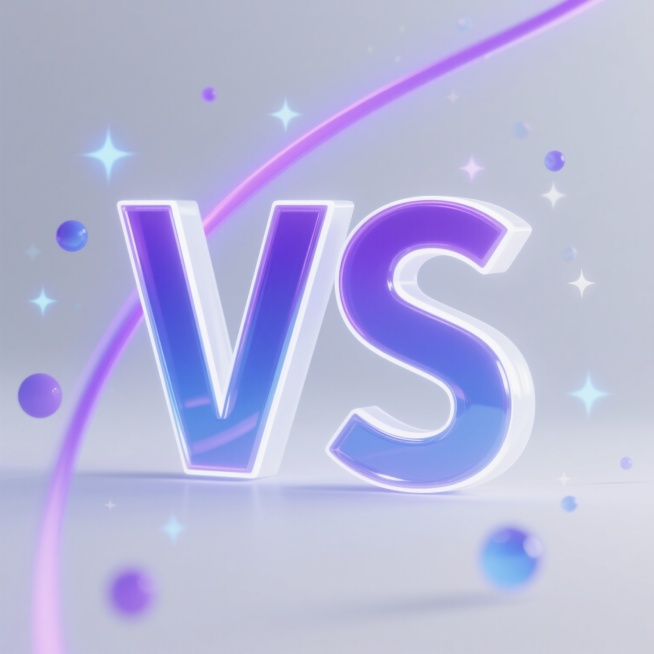 白色背景，3D立体效果的“VS”英文字母，字母主体为渐变的蓝紫色，边缘有明亮的白色高光勾勒，字母表面光滑有玻璃质感，背景中加入从左上角向右下角延伸的紫色光带，光带周围环绕着大小不一的蓝紫色光斑和星点，整体光影呈现出梦幻而科技感的氛围，画面简洁干净，视觉焦点突出。预览效果