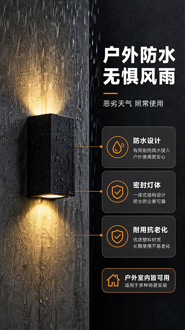 [商品] 使用【图1】中的A款方形双头壁灯；保留黑色ABS塑料灯体、上下发光结构、暖黄色灯光；灯体完整无破损，安装在墙面测试场景中。
[画面] 目标：防水性能测试可视化，验证户外防水耐用性。构图：左侧约50%为测试场景——壁灯安装在水泥墙面上，上方有模拟雨水喷淋效果（水滴/水流从上方落下），壁灯仍正常点亮发光；右侧约50%为文字说明与测试结果卡片；背景为深灰测试环境风格，水花与灯光形成对比；产品占画面40%，角度为正面微侧。
[视觉] 套系策略：风格=现代工业风·户外建材商业摄影；标题字=粗黑无衬线黑体；正文字=简洁无衬线中黑体；主色=深炭灰+黑色；背景延展=基于深灰/炭黑做深浅层级、水泥纹理与建筑质感渐变；强调色=暖橙黄色，仅用于灯光、小面积图标和标签高亮；标题色=白色/暖白；正文色=浅灰/米白；组件=圆角深灰信息卡、细线引线、橙色icon图标；光影=测试环境冷调柔光+壁灯暖黄光对比，水滴有高光折射效果。
[文字] 顶部主标题"户外防水 无惧风雨"，副标题"恶劣天气 照常使用"；右侧3个信息点："防水设计""密封灯体""耐用抗老化"；底部标签"户外室内皆可用"；文字全部横排，不做夸张防水等级承诺。
[规格] 图片比例9:16竖版，4K，负向提示：避免虚构IP等级数值、灯体进水效果错误、冷蓝色调主导、虚假测试数据、极限词、文字竖排。