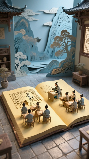 巨大的黄页铺着瓷砖，上面有三维的古代学校剪纸。在古代，老师教书，学生坐下来听。背景是一个立体的民族风格风景剪纸。主色调是莫兰迪蓝，带有怀旧的气息。预览效果