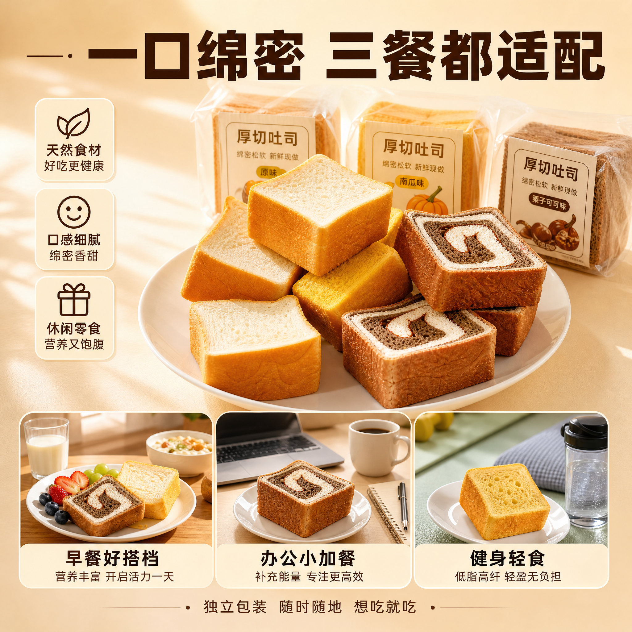 [主图-6] 三口味吐司多场景适配图，突出一口绵密三餐都适配的… - 图片创意预览
