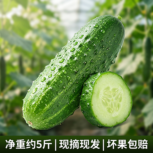 [主图 1] 东北旱黄瓜商品主图。
[氛围风格] 商业级美食摄影，清新自然，真实有食欲，充满信任感。
[画质] 商业摄影质感、光线柔和通透、产品清晰真实、画面干净高级，焦点锐利，色彩饱满，质感真实，超高清。
[元素] 一根带刺的翠绿东北旱黄瓜占据画面中心，黄瓜表面布满晶莹剔透的露珠，在清晨自然光下反射出柔和高光，黄瓜一侧被切开，露出脆嫩的浅绿色果肉，果肉坚实无渣。背景是清晨黄瓜大棚的虚化绿叶背景，自然清新。商品主体占比严格控制在60%-80%之间。保持旱黄瓜外观、颜色和质感与输入产品图一致，杜绝任何变形和色差，精细化处理。
[光影] 清晨柔和的自然侧光为主光，照亮黄瓜主体，凸显表皮刺突和露珠的立体感，大棚虚化绿叶背景有自然光影过渡，高光自然不溢出，暗部有层次。
[配色] 主色调为新鲜翠绿色，搭配浅绿果肉，背景深绿色虚化，整体配色清新自然，充满生机。
[视角构图] 平视视角，浅景深突出黄瓜主体，画面满铺无边框，构图饱满，焦点集中在黄瓜主体。
[文字版式] 图片底部，清晰印有白色无衬线粗体大字："净重约5斤 | 现摘现发 | 坏果包赔"，文字居底部排列，背景为半透明渐变暗底，保证文字清晰易读，不遮挡黄瓜主体，文字和产品对比强烈，视觉层级清晰。
[比例分辨率] 1:1 比例，2k 分辨率，文字清晰可辨，超高清。
[负向提示词] 变形，水印，文字错乱，产品图模糊，背景杂乱，黄瓜变形，色差，文字模糊