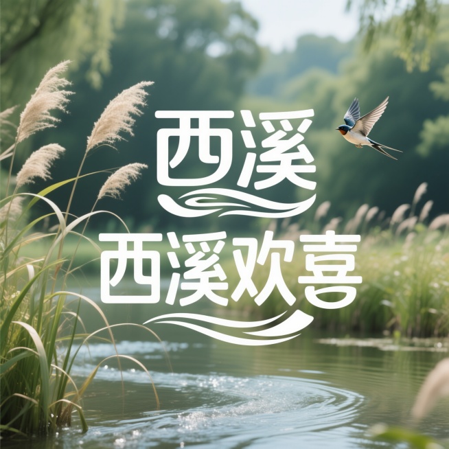 “西溪欢喜”logo设计，融合西溪湿地的自然元素如芦苇、流水、飞鸟，整体风格简约现代，色彩清新明快，字体设计灵动飘逸，体现欢乐、自然、和谐的氛围，适合文旅品牌使用预览效果