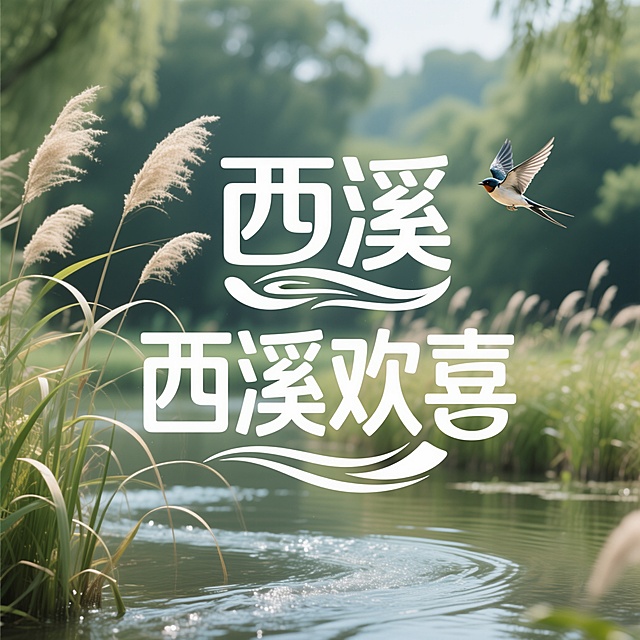 “西溪欢喜”logo设计，融合西溪湿地的自然元素如芦苇、流水、飞鸟，整体风格简约现代，色彩清新明快，字体设计灵动飘逸，体现欢乐、自然、和谐的氛围，适合文旅品牌使用